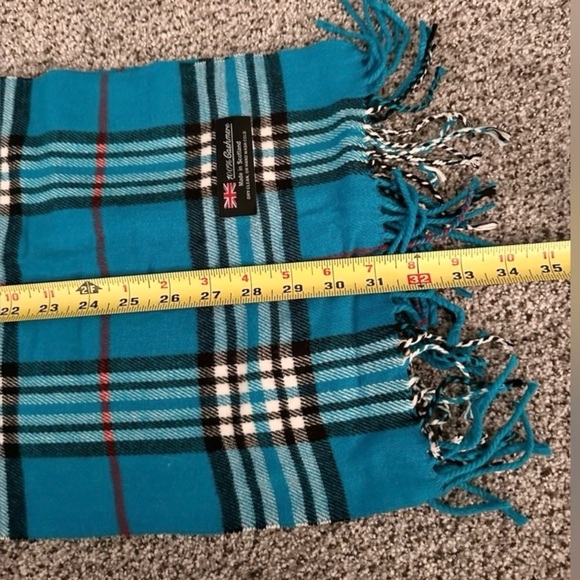CASHMERE Turquoise Blue Black Check Plaid Fringe Scarf R $128 - Picture 4 of 4